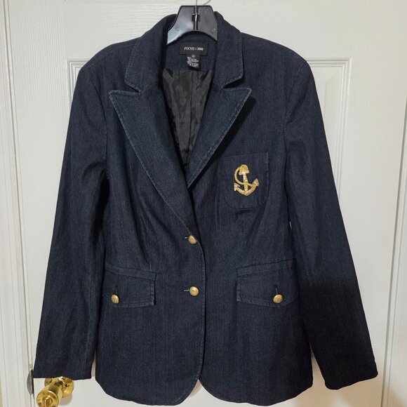 Focus 2000 Navy Demin Blazer Jacket with Gold Anchor Patch & Buttons Size 10 - Picture 1 of 12